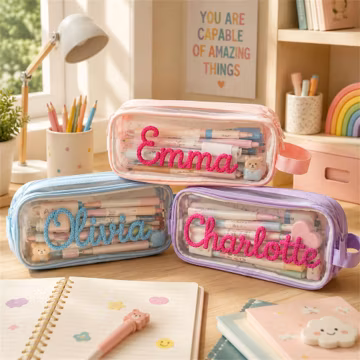 Embroidered Name Pencil Case, Personalized Mesh School Pouch, Transparent Double Layer Pen Bag, Back to School Gift