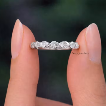 Alternating Marquise Round Moissanite Wedding Band, Sterling Silver Half Eternity Stacking Ring