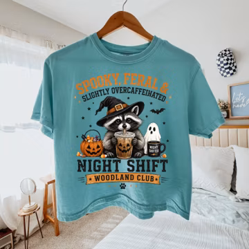Spooky and Feral Raccoon Boxy Tee, Night Shift Woodland Club Boxy Tee, Funny Halloween Raccoon Boxy Tee, Comfort Colors Spooky Season Tee