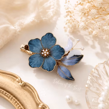 Blue Silk Flower Hair Pin Handcrafted Velvet Floral Barrette Pearl Accents