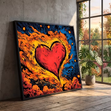 Fiery Heart Explosion Canvas, Abstract Love Wall Art, Bold Red and Orange Flames, Graphic Pop Art Canvas, Romantic Home Decoration