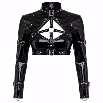 Black Wet Look PVC Cropped Jacket, Patent Leather Moto Harness Bolero, Gothic Punk Clubwear