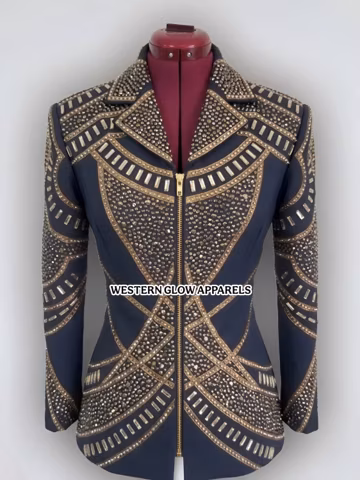Navy Blue Western Show Jacket – Hand-Embellished Gold Crystal Design