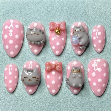 Pusheen Cat Press On Nails | Pink Polka Dot Coffin Stiletto False Nails
