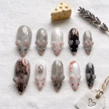 Kawaii 3D Mouse Press On Nails, Cute Rat Fake Nail, Custom Hand Painted Kawaii Animal Nails