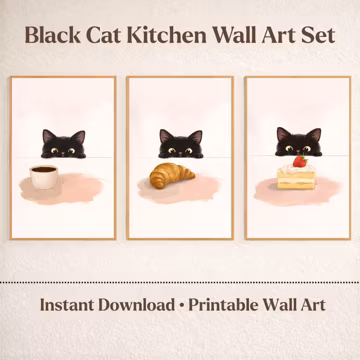 Black Cat Kitchen Art Set: Coffee, Croissant, Cake Prints (Digital Download)
