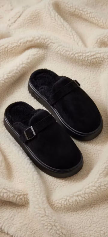 Black Faux Fur Mens Slippers Soft Plush House Shoes Indoor Comfort