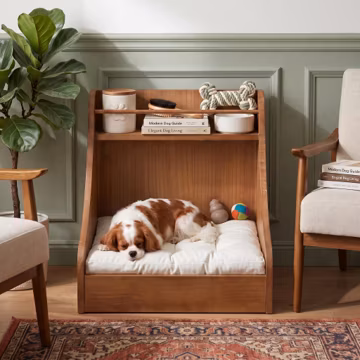 Minimalist Solid Wood Pet Bed, Natural Pine Dog Bed Frame with Shelf, Cozy Modern Cat Bed, Aesthetic Luxury Wooden Pet Furniture