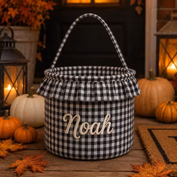 Custom Kids Halloween Bag, Personalized Embroidered Name Basket, Gingham Trick or Treat Candy Tote