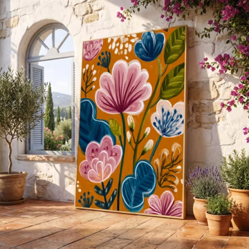 Abstract Floral Canvas Wall Art, Colorful Flower Painting, Modern Botanical Canvas, Pink Blue Flowers, Nature Home Decor