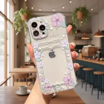 Floral Clear Case for iPhone with Card Holder, Aesthetic Flower Cover