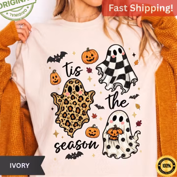 Vintage Halloween Shirt, Tis The Season Ghost Shirt, Womens Retro Fall Tee, Boho Halloween Spooky Season Tee, Leopard Pattern Ghost Tee