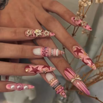 Pink Y2K Star Press On Nails | 3D Bow & Pearl Handmade Stiletto Nails | Kawaii Coquette Pink Nail Set | Luxury Glam Reusable Fake Nails