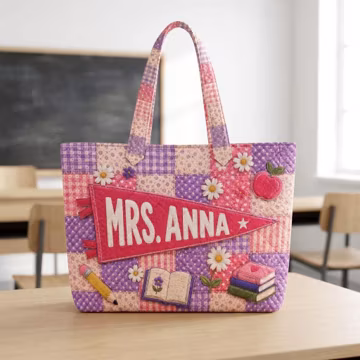 Personalized Teacher Quilted Tote Bag, Custom Name Teacher Tote, Patchwork School Book Bag, Teacher Appreciation Gift