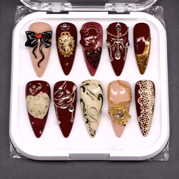 Dark Cherry Gold Victorian Nails: Gothic Wedding, 3D Bow, Cherub Cameo Set