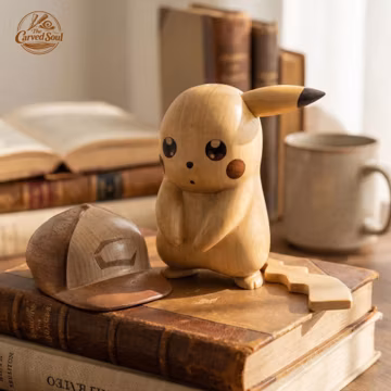 Hand Carved Wooden Pikachu Figure, Anime Desk Ornament, Natural Wood Collectible Decor