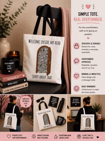 Welcome Inside My Head Tote Bag | Illustrated Brain Door, Quirky Text
