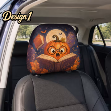 Personalized Cute Halloween Car Headrest Cover, Kawaii Ghost Pumpkin Cat Bat Dog Design, Custom Name Spooky Car Decor