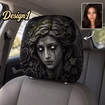 Personalized Macabre Car Headrest Cover, Haunted Stone Woman, Zombie Nurse, Gothic Vampire Halloween Car Interior Decor