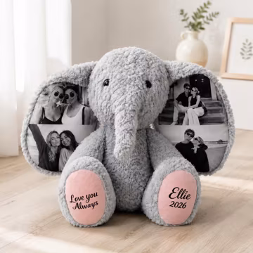 Personalized Photo Elephant Plush | Custom 4 Photos Stuffed Animal Keepsake | Memory Elephant Gift for Best Friend, Mom, Anniversary