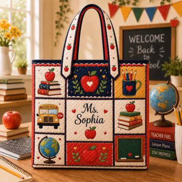 Personalized Teacher Quilted Tote Bag, Custom Teacher Apple Book Tote, Back to School Gift, Teacher Appreciation Tote for Women Teaching