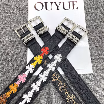 Black PU Leather Belt with Decorative Silver Hardware and Colored Cross Patches