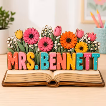 Custom Teacher Name Wooden Block, Personalized Flower Book Desk Plaque, Whimsical Classroom Decor Wood Sign, Teacher Gift