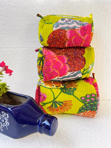 Set of 3 Quilted Cosmetic Bags, Yellow Block Print Travel Organizer, Cotton Pouches