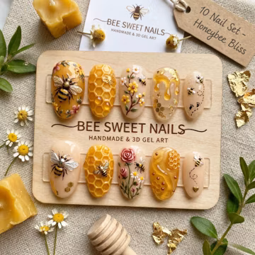 Honeybee Bliss Press On Nails 3D Honeycomb Art, Yellow Floral Bumble Bee Fake Nails, Luxury Gold Foil Drip Nails,Handmade 3D Gel Glue On Set