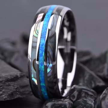 Polished Domed Tungsten Wedding Ring 8mm Width, Abalone Shell & Crushed Opal Inlay, Custom Inside Engraved Men’s Promise Band