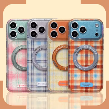 Blue Purple Plaid Glitter Magnetic Ring MAGSAFE Clear iPhone Case with Smiling Ring, Cover for iPhone 17 16 15 Pro Max, Gift for Her
