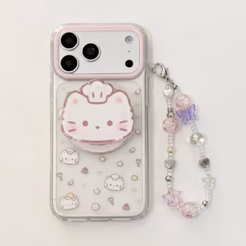 Chef Cat Pop Kawaii Clear Pink MAGSAFE iPhone Case with Beaded Wrist Strap & Butterfly Charm, Cover for iPhone 17 16 15 Pro Max, Gift for