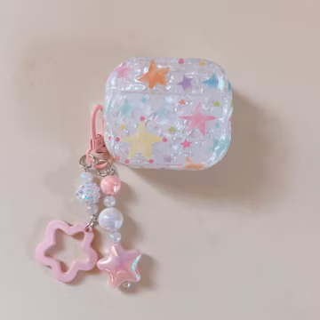 Pastel Stars Clear Bumpy Silicone AirPods Case with Pink Carabiner Charm, Cover for AirPods Pro 3 2 1 & AirPods 4 3 2 1, Gift for Her