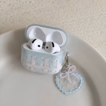 Plaid Star Band Blue Stars Coquette Baby Blue AirPods Case with Heart Charm, Cover for AirPods Pro 3 2 1 & AirPods 4 3 2 1, Gift for Her