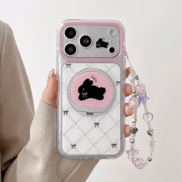 Black Rabbit Pink Gingham Coquette MAGSAFE Rabbit iPhone Case with Charm, Cover for iPhone 17 16 15 Pro Max, Gift for Her
