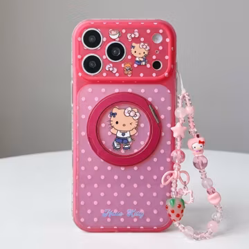Hello Kitty Pink Polka Dot Kawaii MAGSAFE iPhone Case with Charm, Translucent Pink Cover for iPhone 17 16 15 Pro Max, Gift for Her
