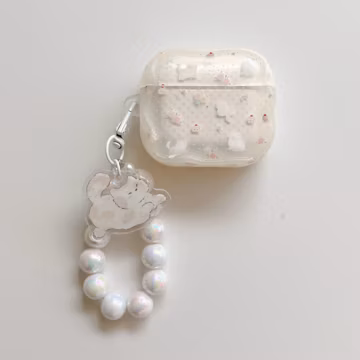 White Cat Pearl Bead Bracelet Coquette Milky White AirPods Case with Glitter Cat Charm, Cover for AirPods Pro 3 2 1 & AirPods 4 3 2 1, Her