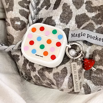 Glitter Polka Dots Good Luck White AirPods Case with HELII ISLANDS Charm, Cover for AirPods Pro 3 2 1 & AirPods 4 3 2 1, Gift for Her