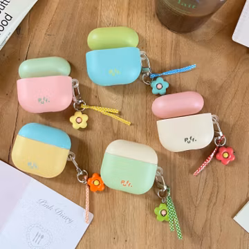 Two-Tone Silicone Case Flower Charm Puff. Pink AirPods Case with Carabiner Clip, Cover for AirPods Pro 3 2 1 & AirPods 4 3 2 1, Gift for Her