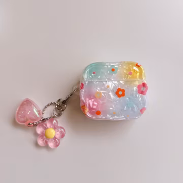 Rainbow Flower Crinkled Translucent Pink AirPods Case with Flower Heart Charm, Cover for AirPods Pro 3 2 1 & AirPods 4 3 2 1, Gift for Her