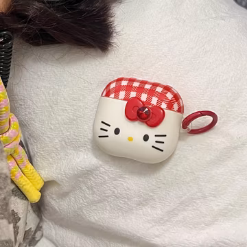 Hello Kitty Face Red Gingham Check Kawaii AirPods Case with Red Carabiner Clip, Cover for AirPods Pro 3 2 1 & AirPods 4 3 2 1, Gift for Her