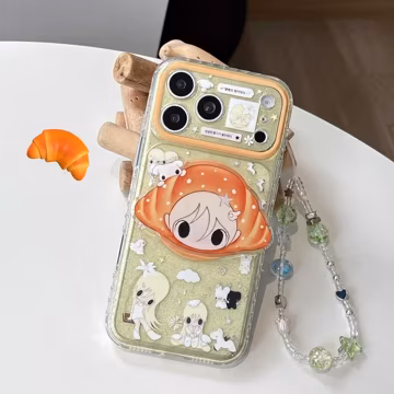 Croissant Character Head Green MAGSAFE iPhone Case, Beaded Strap & Glitter Liquid, Cover for iPhone 17 16 15 Pro Max, Gift for Her