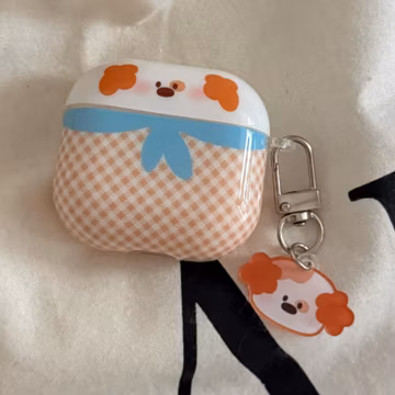 Puppy Face Gingham Check Blue Ribbon Bow Orange AirPods Case with Charm, Cover for AirPods Pro 3 2 1 & AirPods 4 3 2 1, Gift for Her