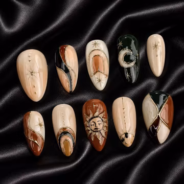 Celestial Press On Nails | Earth Tone Abstract Nail Set | Sun Moon Gold Nail Art | Luxury Handmade Almond Press On Nails | Neutral Reusable