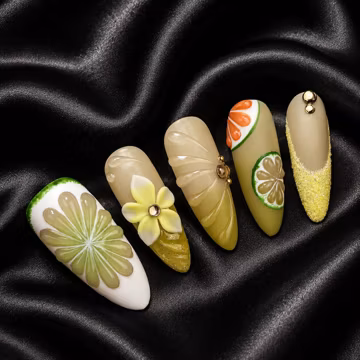 Lemon Lime Press On Nails | Tropical Citrus Nail Set | 3D Fruit Nail Art | Handmade Summer Almond Press On Nails | Luxury Reusable Nails