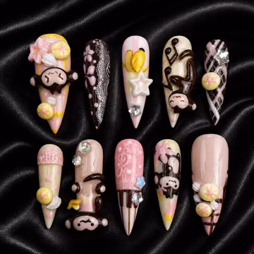 Kawaii Monkey Press On Nails | Cute 3D Dessert Nail Art | Pink Chocolate Almond Nails | Handmade Harajuku Y2K Press On Nails | Luxury Reusab