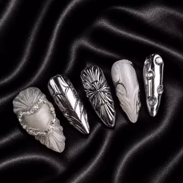 Silver Chrome Press On Nails | Pearl Mermaid Nails | Luxury 3D Shell Nail Art | Handmade Almond Press On Nails | Reusable Bridal Nail Set