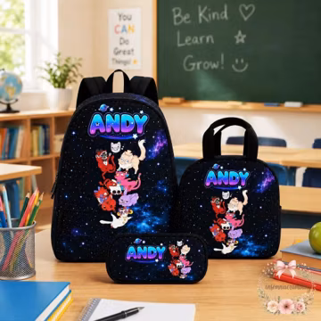 Personalized Cat Cosplay Digital Circus Backpack Set, Custom Name School Bag, Kids Lunch Box & Pencil Case, Space Kitty Gift for Girls Boys
