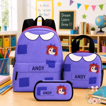 Personalized Ragatha Digital Circus Backpack Set, Custom Rag Doll Kids School Bag, Stitched Plush Lunch Box, Gift for Girls