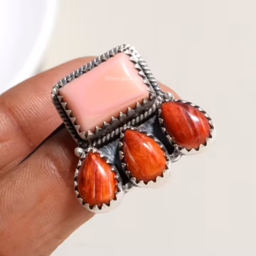 Pink Conch Orange Oyster Turquoise Ring 925 Silver Multi Gemstone Ring Gift